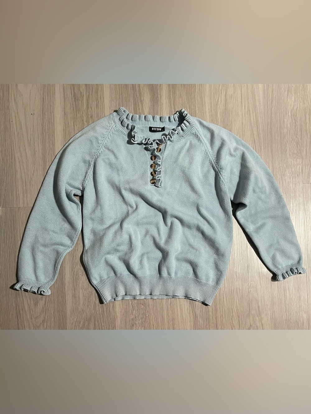 Ruffled Henley Pullover Sweater - Light Blue